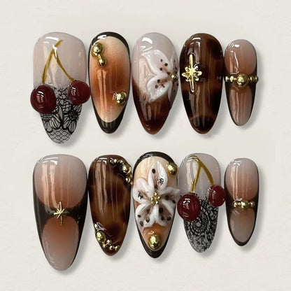Black Y2K Long False Nails - 24Pcs Almond Cat's Eye Design