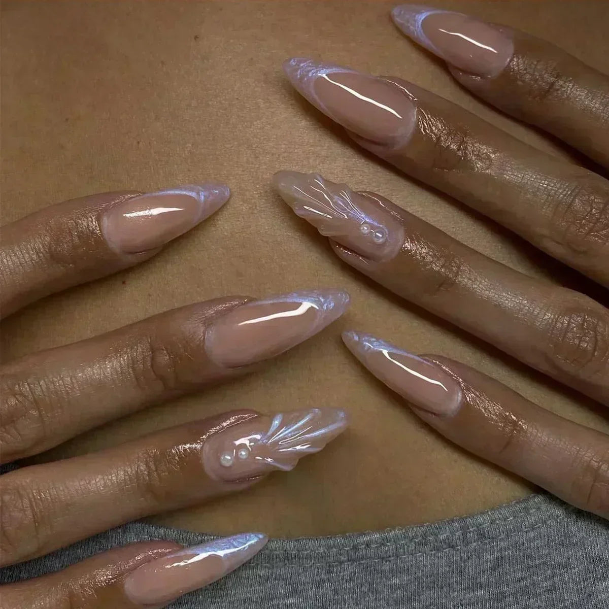 Fake Nails Almond 24Pcs - White Edge, Pink Stiletto