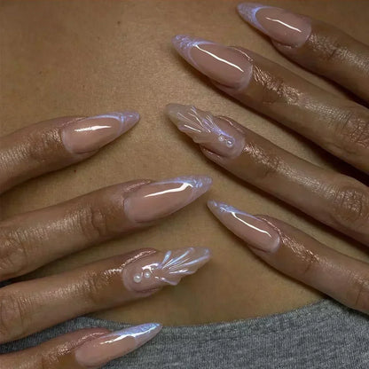 Fake Nails Almond 24Pcs - White Edge, Pink Stiletto