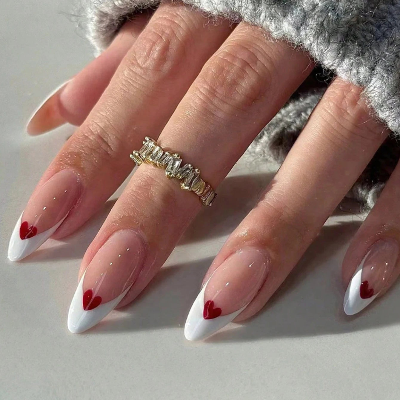 Short Square Fake Nails: Cute Bride Heart French Tips Set