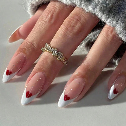 Short Square Fake Nails: Cute Bride Heart French Tips Set