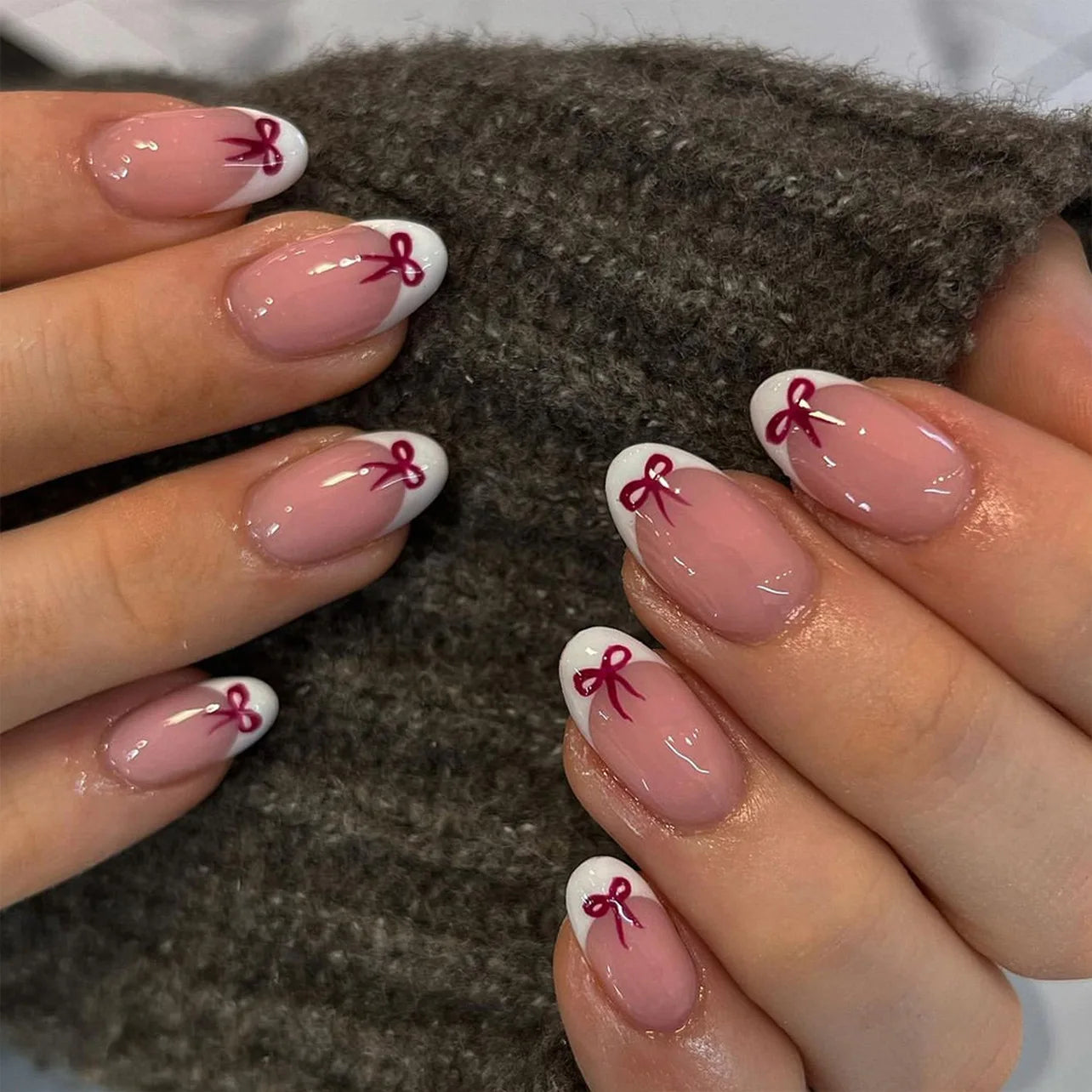 Red Love Heart French Nail Art - Cute Nude Pink Fake Nails