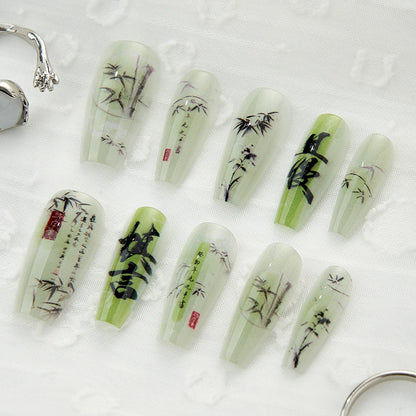 Chinese Poetry Design False Nails - 10Pcs Bamboo Acrylic Set