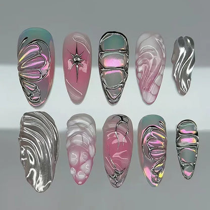Black Y2K Long False Nails - 24Pcs Almond Cat's Eye Design