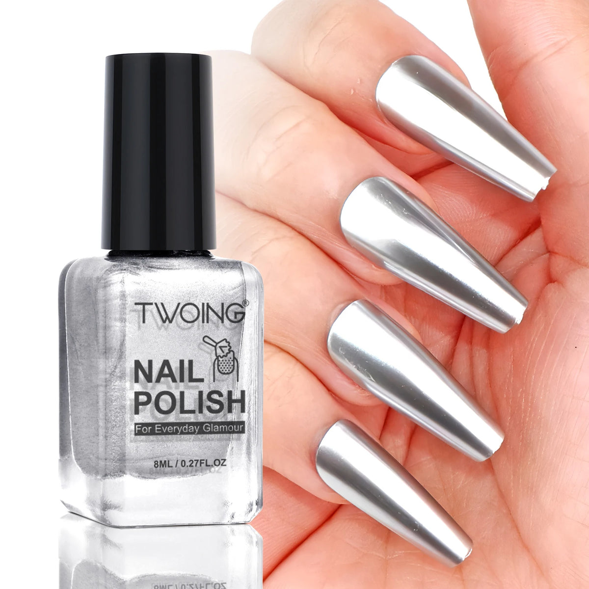 TWOING 8ml 9 Colors Metallic Mirror Nail Polish Set, Quick-Dry Chrome Nail Polish, Long-Lasting High Shine for DIY Manicure