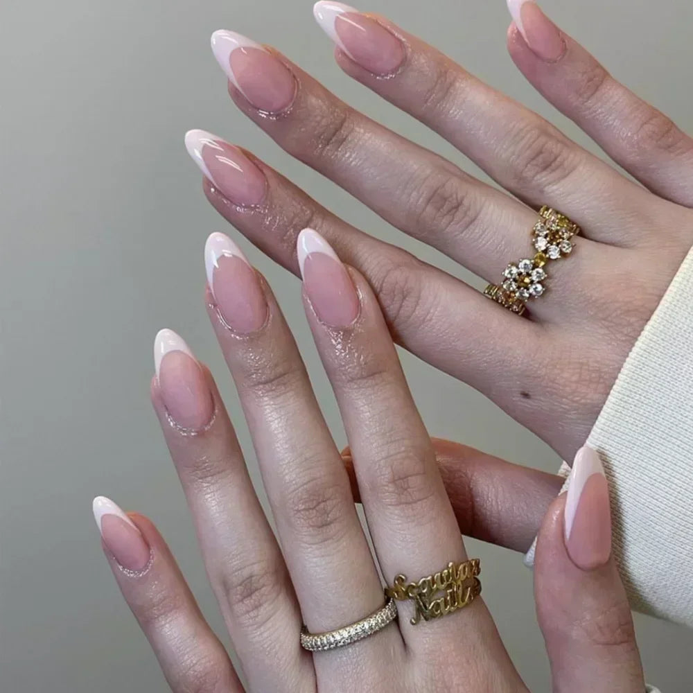 Fake Nails Almond 24Pcs - White Edge, Pink Stiletto