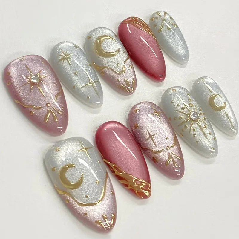 Black Y2K Long False Nails - 24Pcs Almond Cat's Eye Design