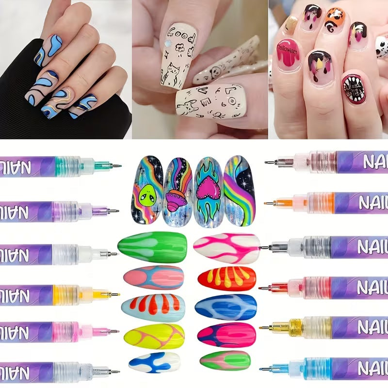 12 Color Nail Art Pens - Quick-Dry, Waterproof, 0.5MM Tips