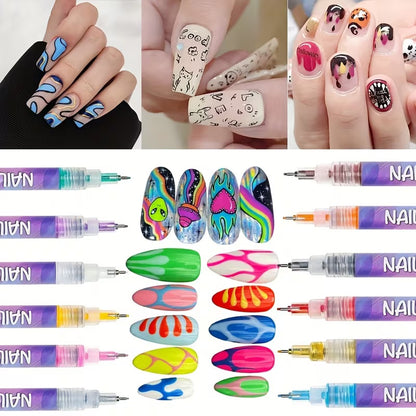 12 Color Nail Art Pens - Quick-Dry, Waterproof, 0.5MM Tips