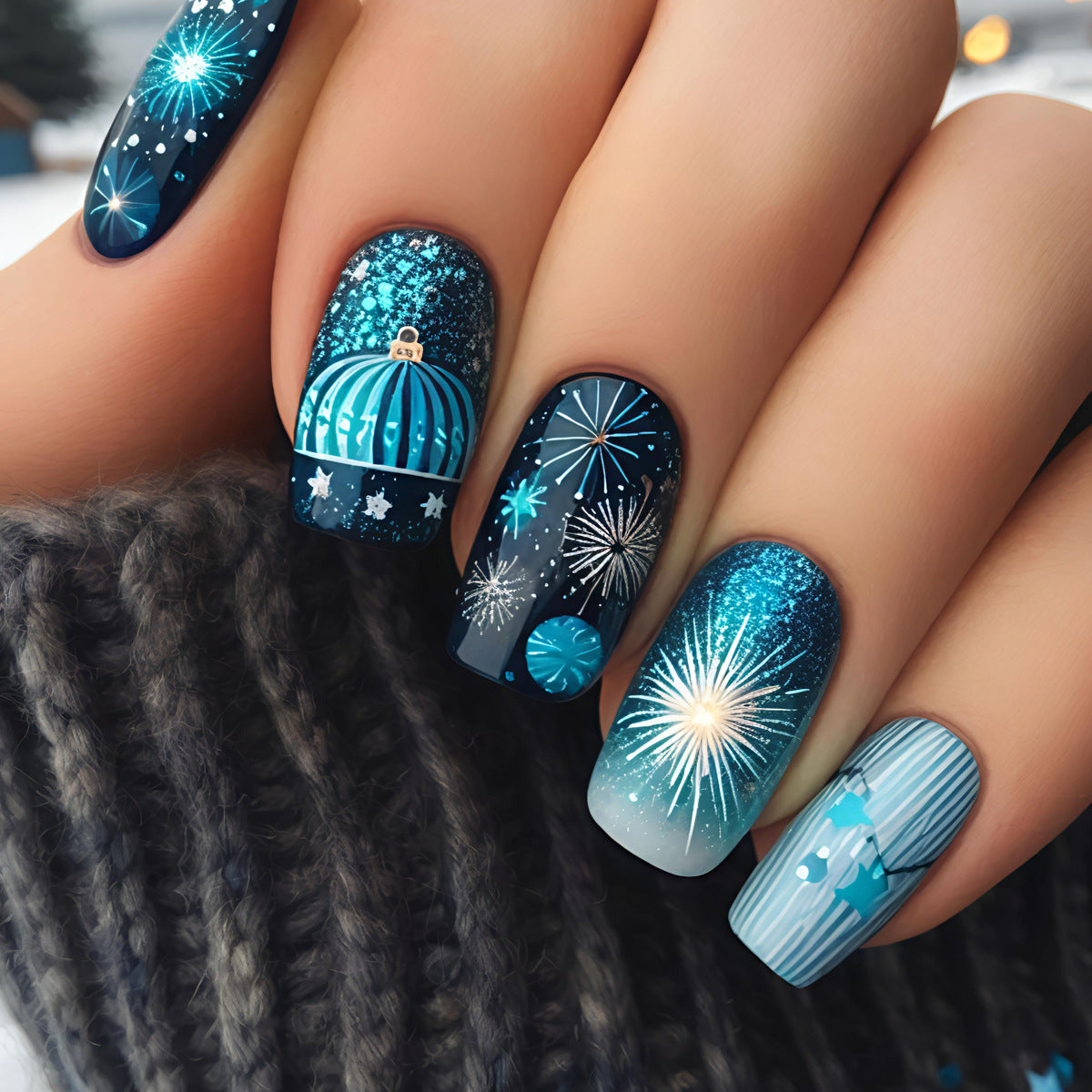 Fake Nails: Christmas Black Red Blue Snowflake Tips