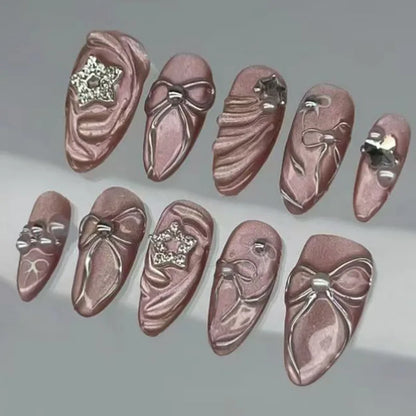 Black Y2K Long False Nails - 24Pcs Almond Cat's Eye Design