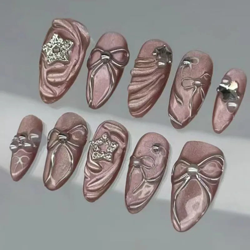 Black Y2K Long False Nails - 24Pcs Almond Cat's Eye Design