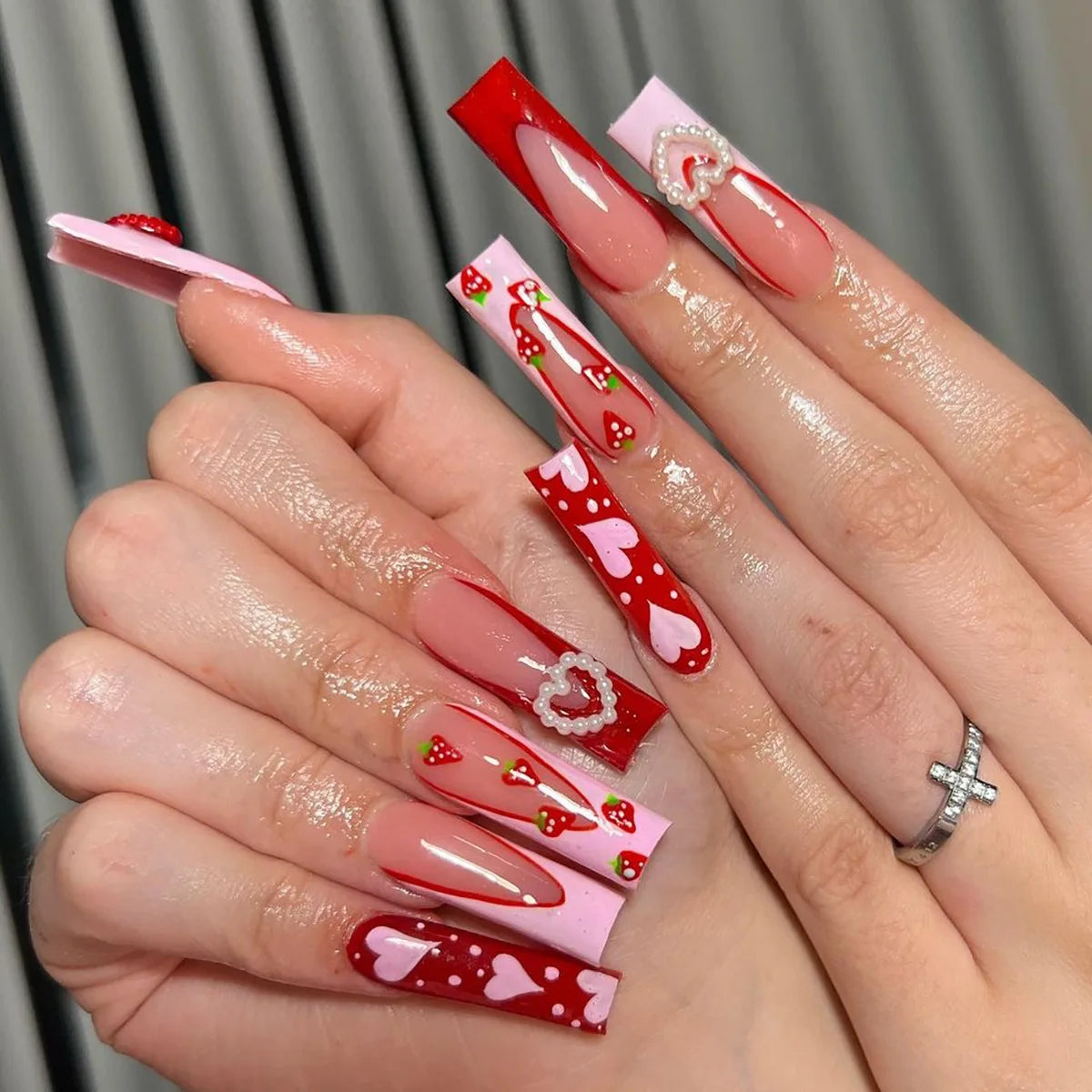Red Love Heart French Nail Art - Cute Nude Pink Fake Nails
