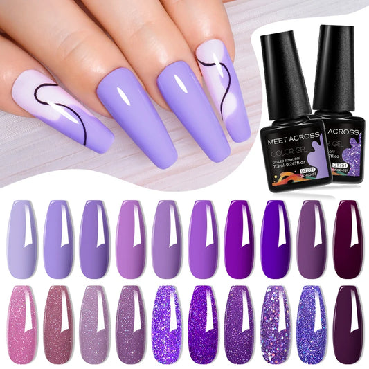 MEET ACROSS 7.3ml Purple Series Gel Nail Polish Vernis Semi Permanent Soak Off LED UV Gel Nail Varnishes Nail Art Gel Manicure