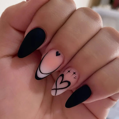 Press On Nails: Almond Black Matte Press-On Nails - 24Pcs DIY Manicure Set