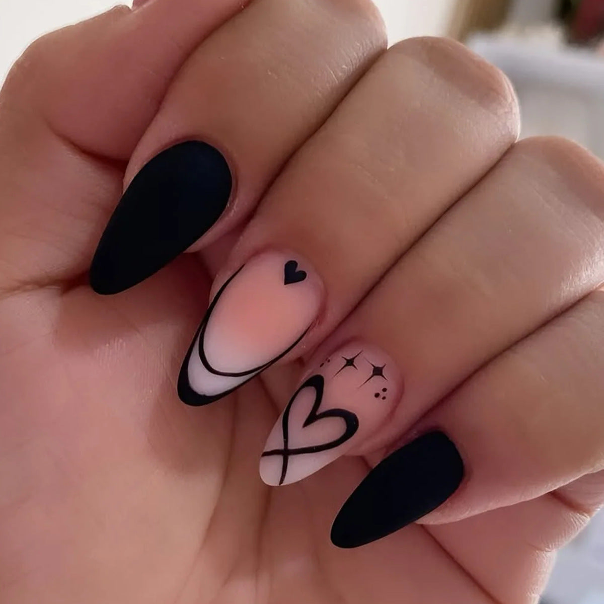 Press On Nails: Almond Black Matte Press-On Nails - 24Pcs DIY Manicure Set