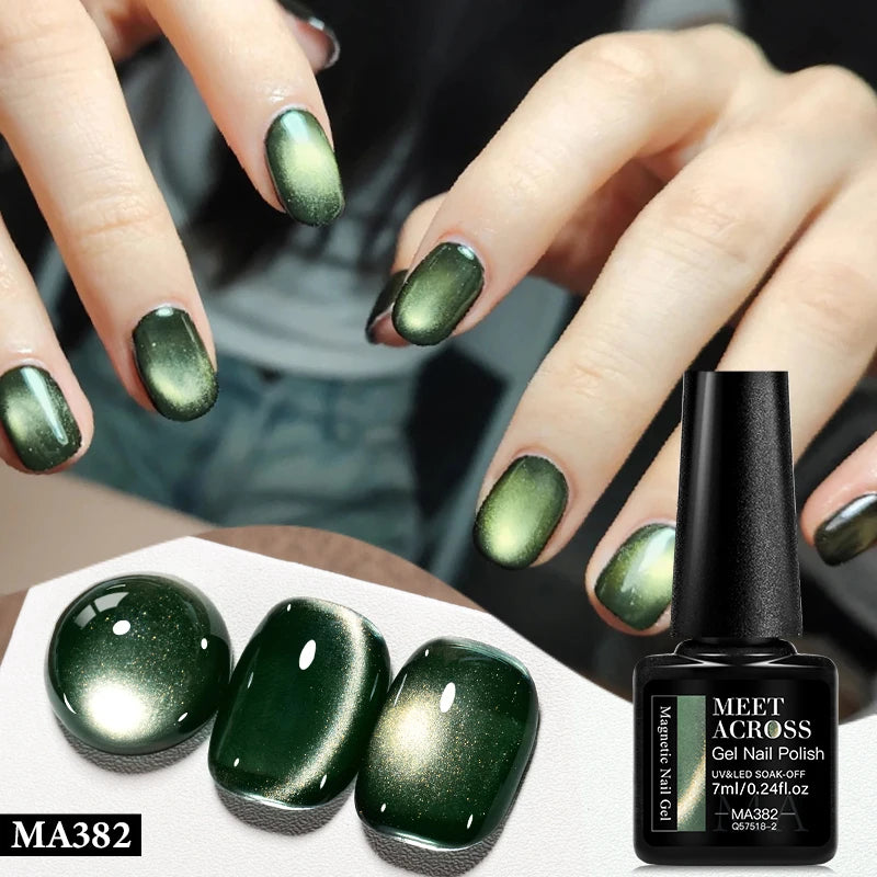 MEET ACROSS Guava & Grape Color Cat Magnetic Gel Green Glass Bead Cat Eye Gel Soak Off UV Gel Nail Art Varnish Salon Home DIY