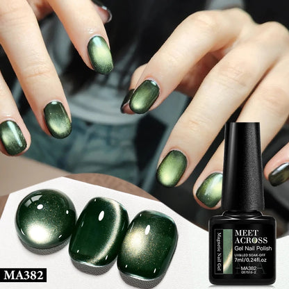 MEET ACROSS Guava & Grape Color Cat Magnetic Gel Green Glass Bead Cat Eye Gel Soak Off UV Gel Nail Art Varnish Salon Home DIY