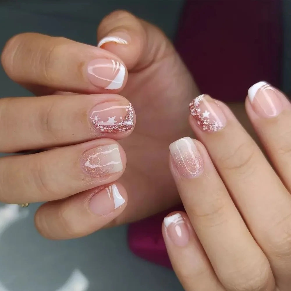24Pcs Short Square Coffin False Nails Square Fake Nails with Glue French Glitter Wearable Acrylic Nails Set Press on Nail Tips