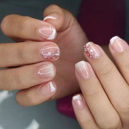 24Pcs Short Square Coffin False Nails Square Fake Nails with Glue French Glitter Wearable Acrylic Nails Set Press on Nail Tips
