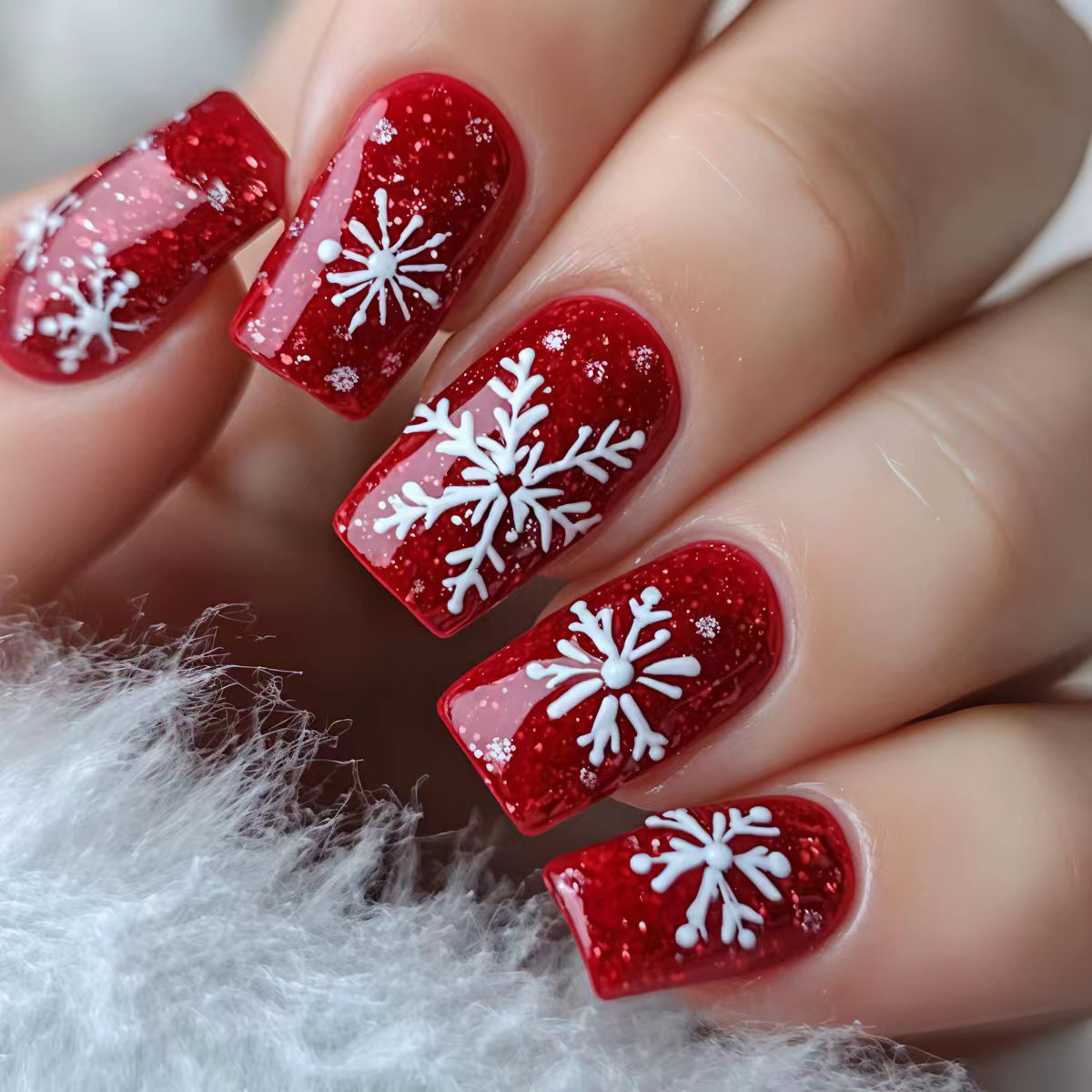 Fake Nails: Christmas Black Red Blue Snowflake Tips