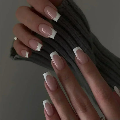 Fake Nails Almond 24Pcs - White Edge, Pink Stiletto