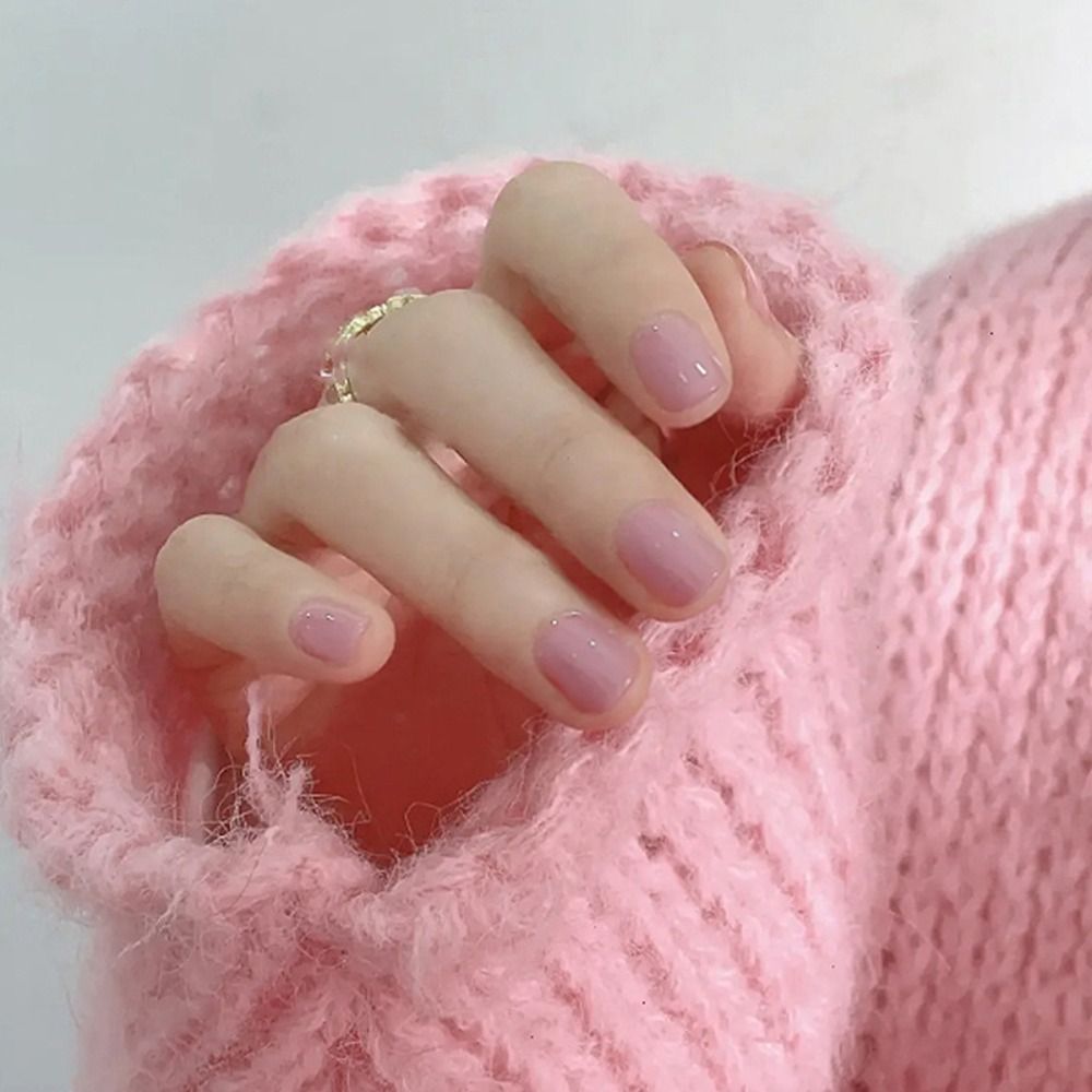 24pcs Short Round French False Nails with Jelly Stickers