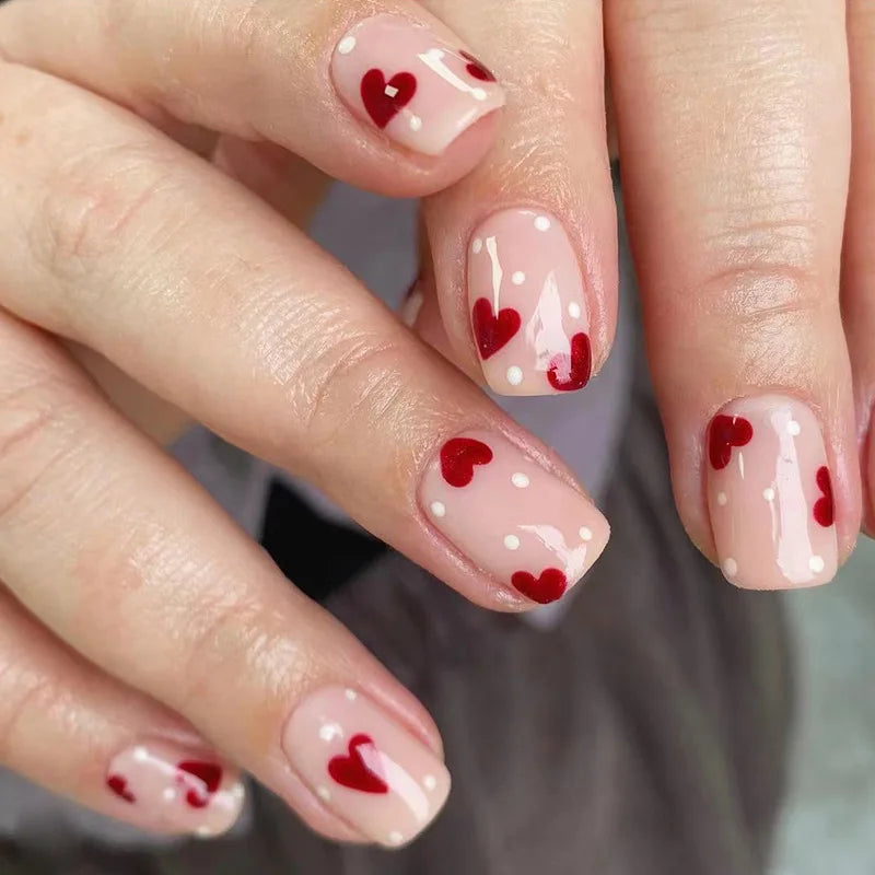 Red Love Heart French Nail Art - Cute Nude Pink Fake Nails