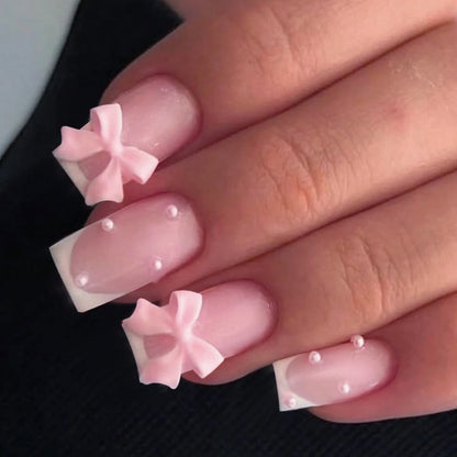 Short Square Fake Nails: Cute Bride Heart French Tips Set