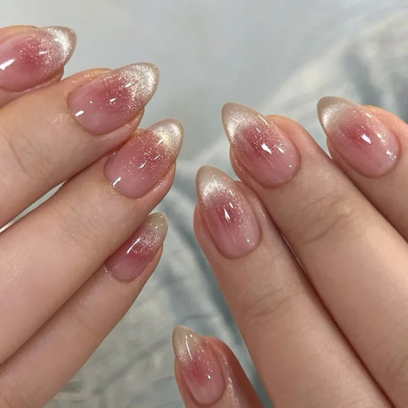 Press On Nails: Glossy Red Cat's Eye Press On Nails - 24pcs Almond Shape