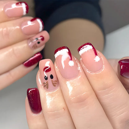 24pcs Red White French Line Christmas Sweet False Nails With Snowflake Rhinestone Starburst Design Pink Almond Press On Nails
