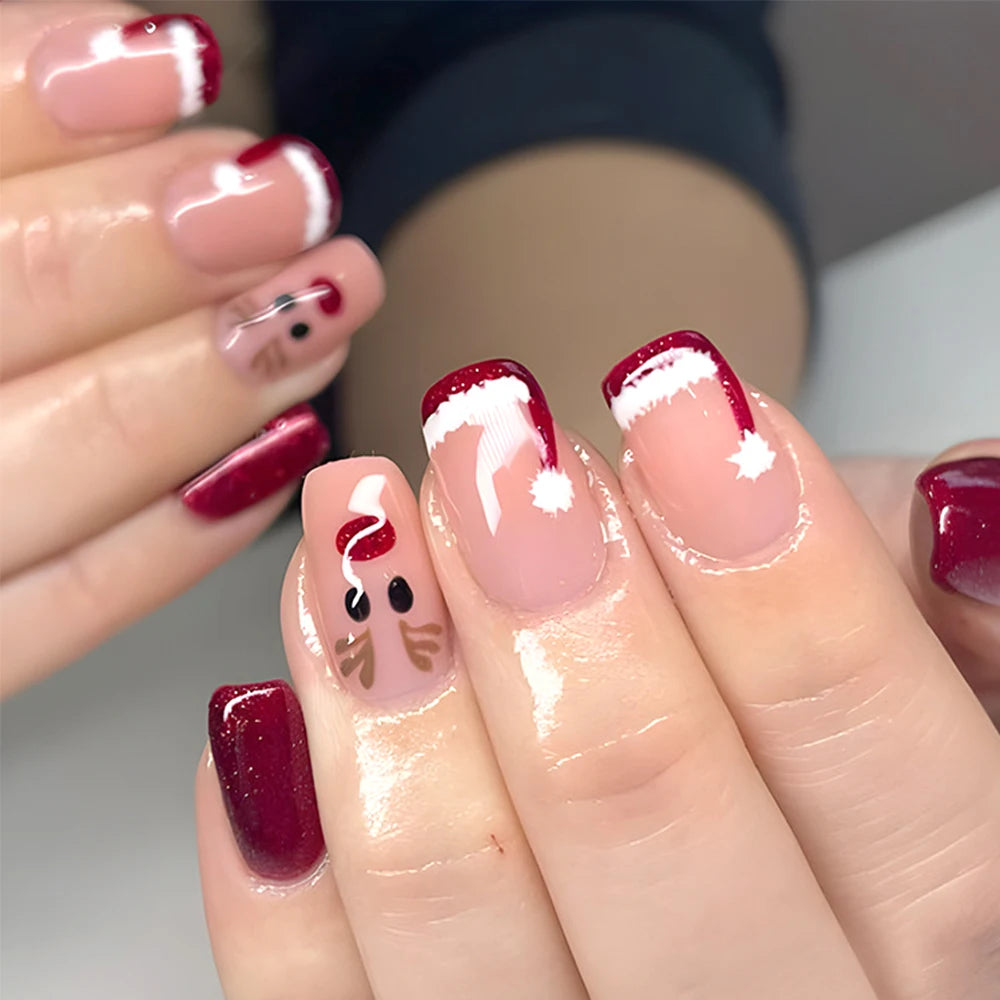 24Pcs Red Christmas Fake Nails Cute Santa Claus Reindeer & Snowflake Designs Artificial Nails Glossy Short Oval Press On Nails
