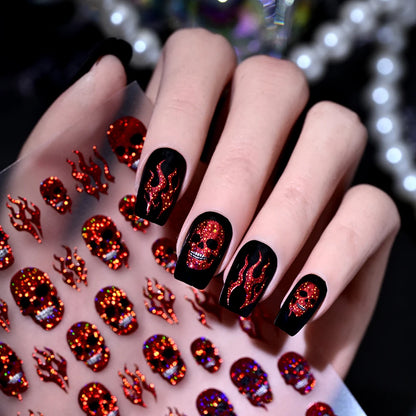 1Pc 5D Laser Skull Nail Stickers for Halloween Nail Gothic Design Flame Self-Adhesive Sliders Manicure Horror Decoration