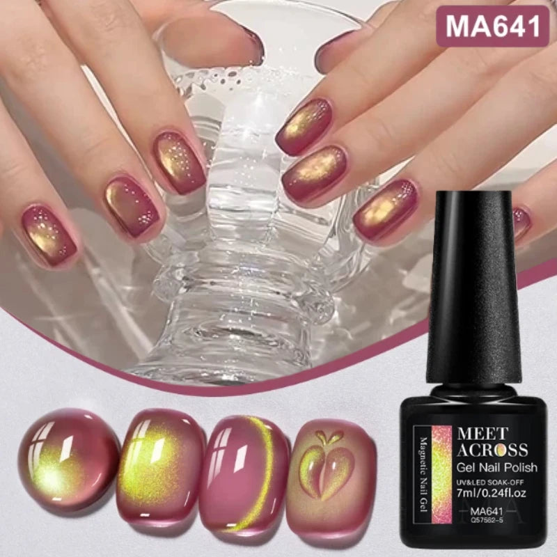MEET ACROSS Guava & Grape Color Cat Magnetic Gel Green Glass Bead Cat Eye Gel Soak Off UV Gel Nail Art Varnish Salon Home DIY