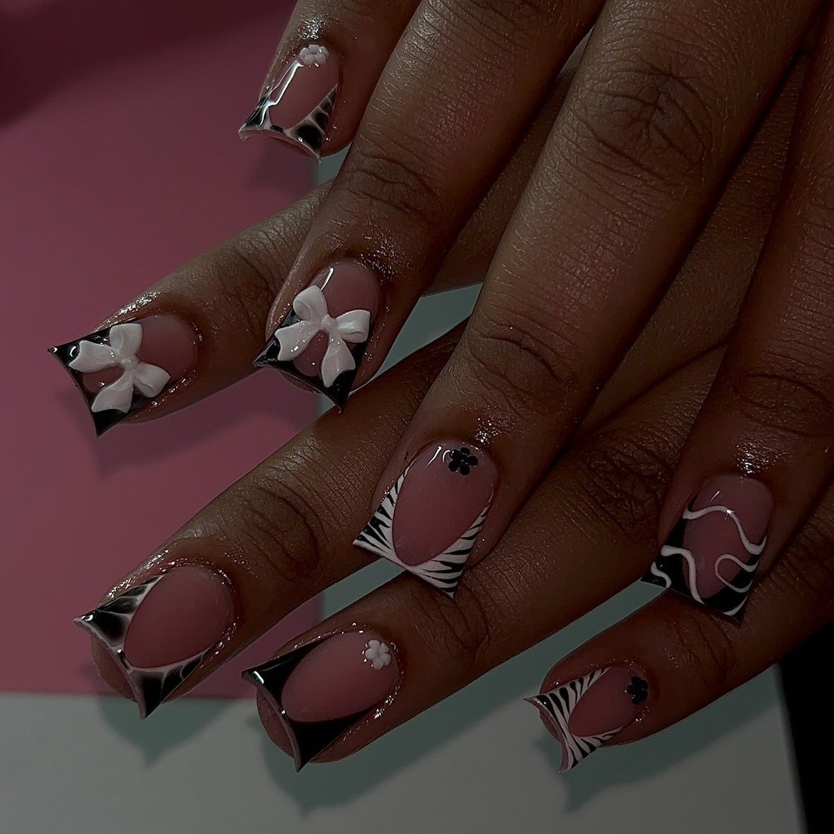 Press-On Nails: French Pink Short Square with Rhinestones