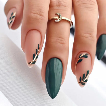 24pcs Blue Flower French Fake Nail Set Press on Almond Round Head Design Wearable Nails False Acrylic Full Cover Finger Nail Art
