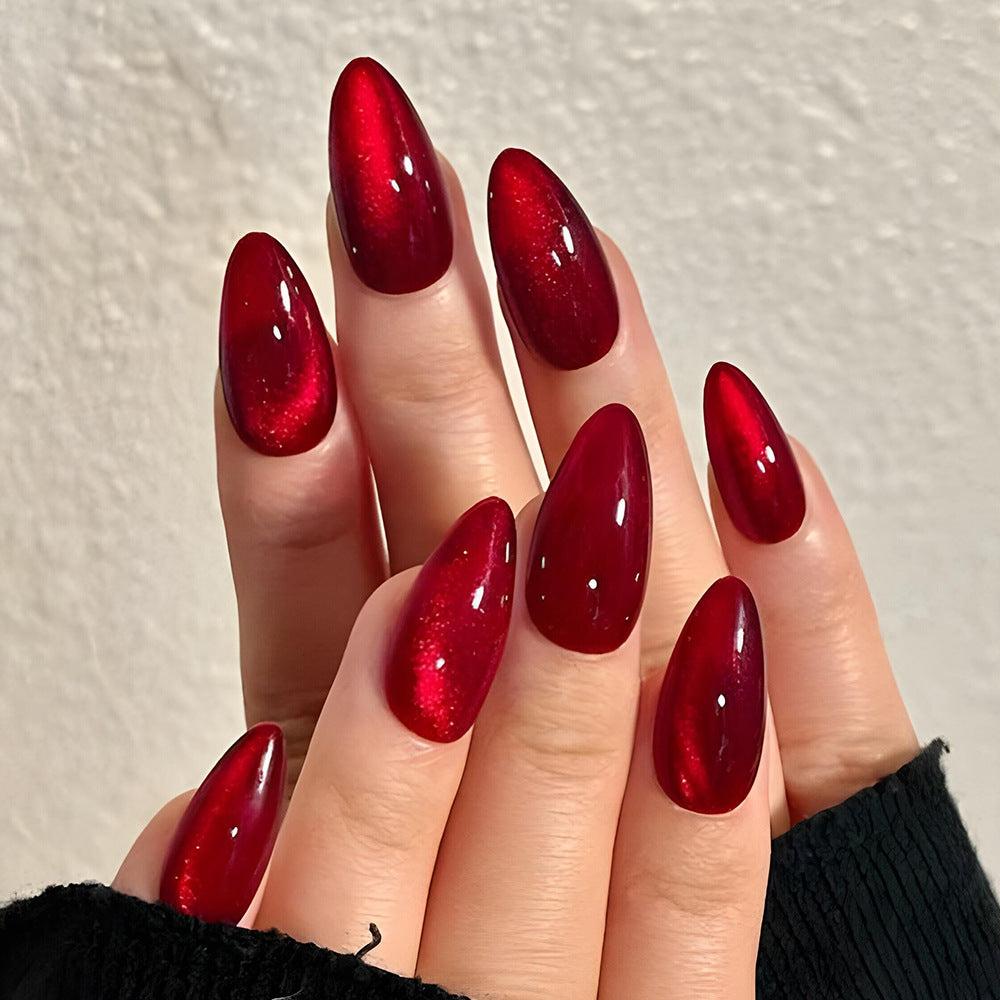 Press On Nails: Glossy Red Cat's Eye Press On Nails - 24pcs Almond Shape