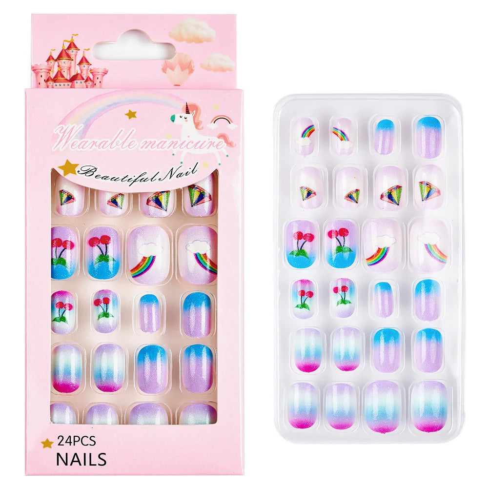 Fake Nails: Cartoon Kids Acrylic Nails - Cute Cat/Pig/Rainbow Set