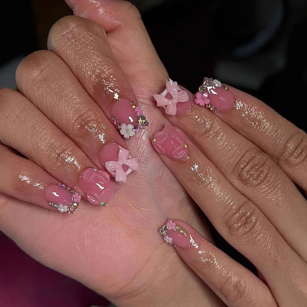 Press-On Nails: French Pink Short Square with Rhinestones