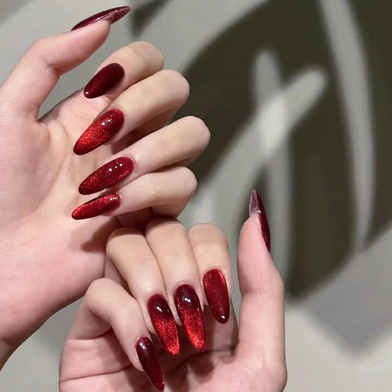 Press On Nails: Glossy Red Cat's Eye Press On Nails - 24pcs Almond Shape