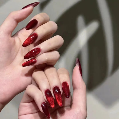 Press On Nails: Glossy Red Cat's Eye Press On Nails - 24pcs Almond Shape