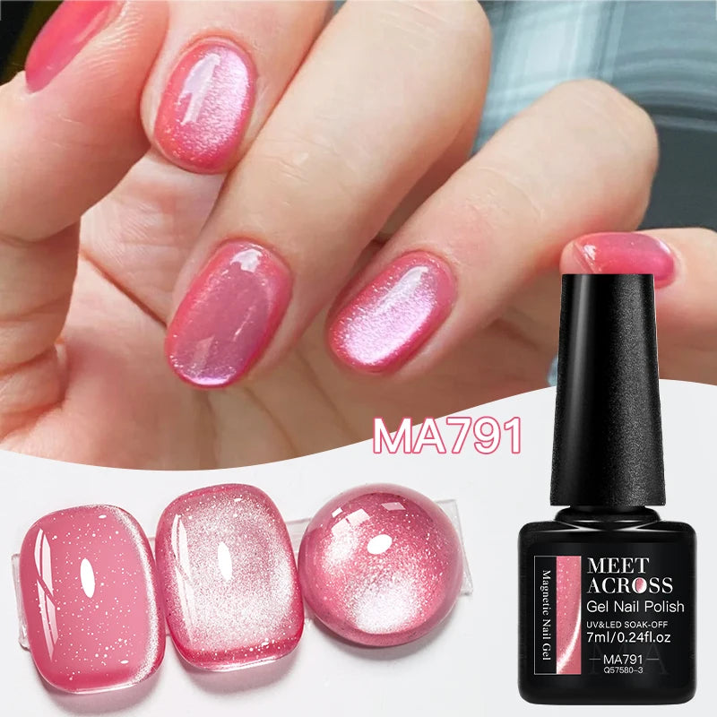 MEET ACROSS Guava & Grape Color Cat Magnetic Gel Green Glass Bead Cat Eye Gel Soak Off UV Gel Nail Art Varnish Salon Home DIY