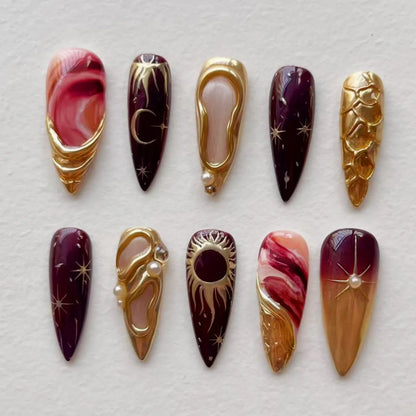 Black Y2K Long False Nails - 24Pcs Almond Cat's Eye Design