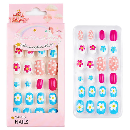 Fake Nails: Cartoon Kids Acrylic Nails - Cute Cat/Pig/Rainbow Set