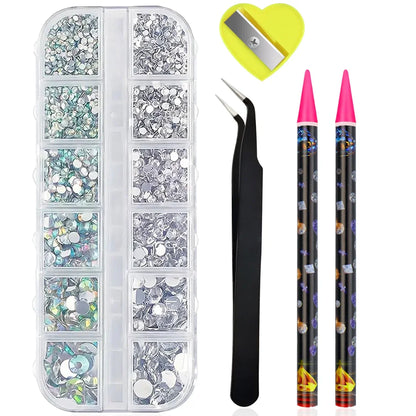 3D Nail Rhinestones Kit: AB & Clear Crystal Gems