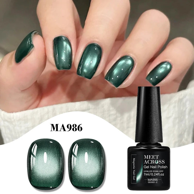 MEET ACROSS Guava & Grape Color Cat Magnetic Gel Green Glass Bead Cat Eye Gel Soak Off UV Gel Nail Art Varnish Salon Home DIY