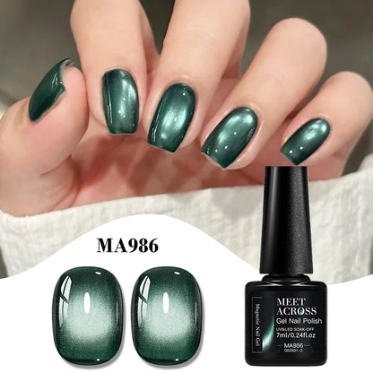 MEET ACROSS Guava & Grape Color Cat Magnetic Gel Green Glass Bead Cat Eye Gel Soak Off UV Gel Nail Art Varnish Salon Home DIY