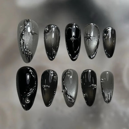 Black Y2K Long False Nails - 24Pcs Almond Cat's Eye Design