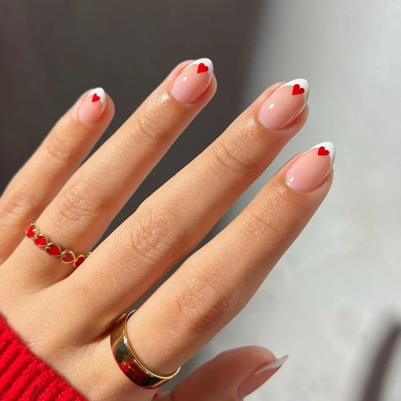 Red Love Heart French Nail Art - Cute Nude Pink Fake Nails