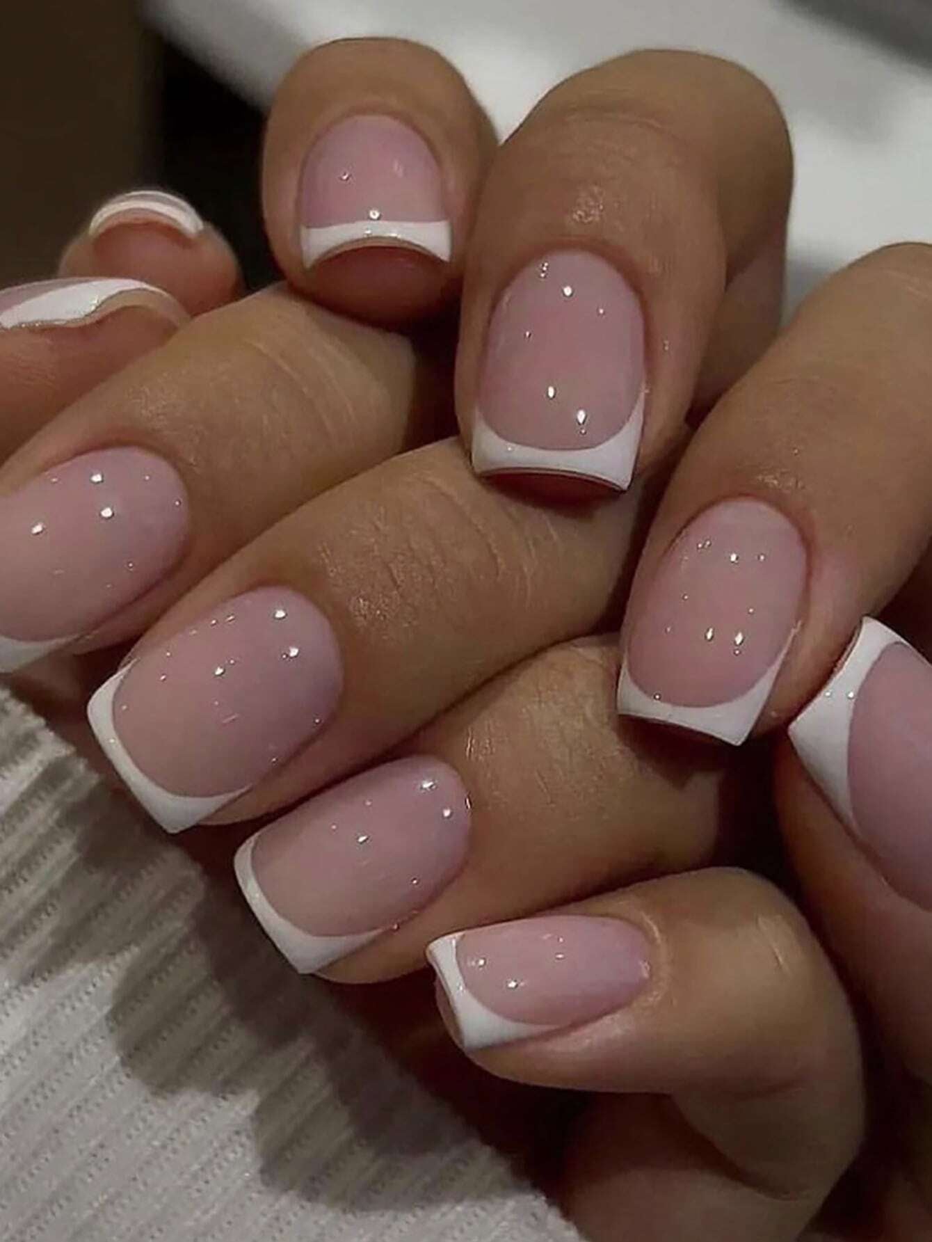 Short Square Fake Nails: Cute Bride Heart French Tips Set